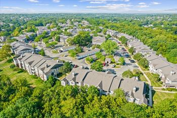 An aerial view of a neighborhood of houses